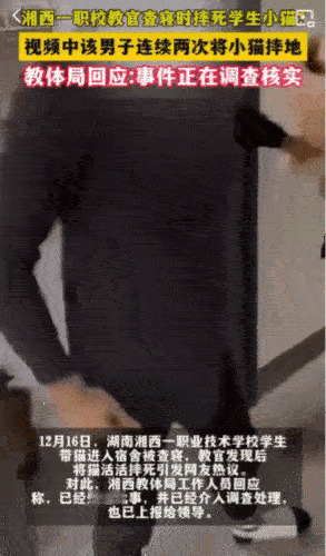 太狠了。12月16日，湖南湘西。教官查寝室发现宿舍内有一只小猫。一开始教官问是