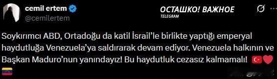 【土耳其表态支持委内瑞拉】土耳其总统首席顾问杰米勒·埃尔泰姆在社交平台X上发文称