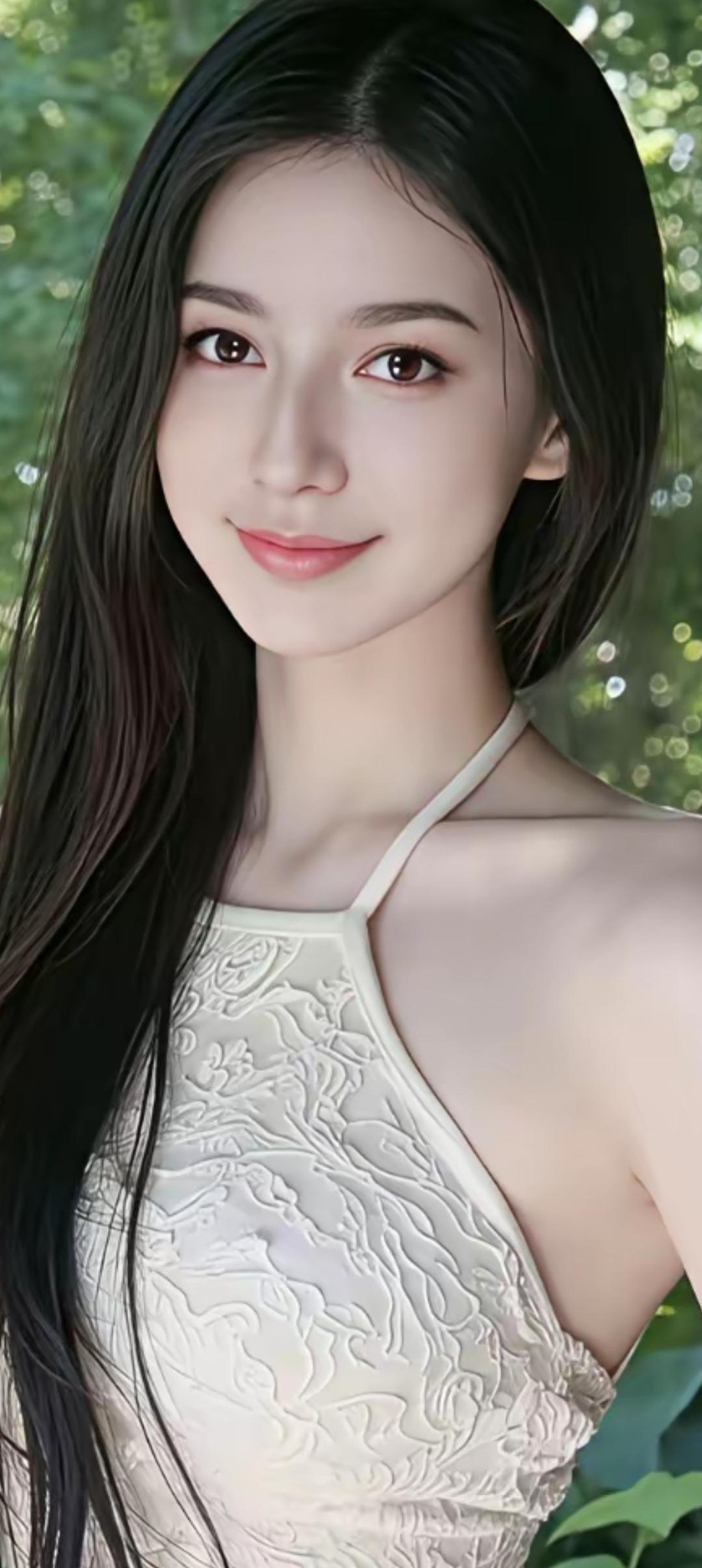 温柔甜美的女孩，穿着精致的蕾丝连衣裙，微笑着面对镜头，仿佛置身于梦幻的森林中。
