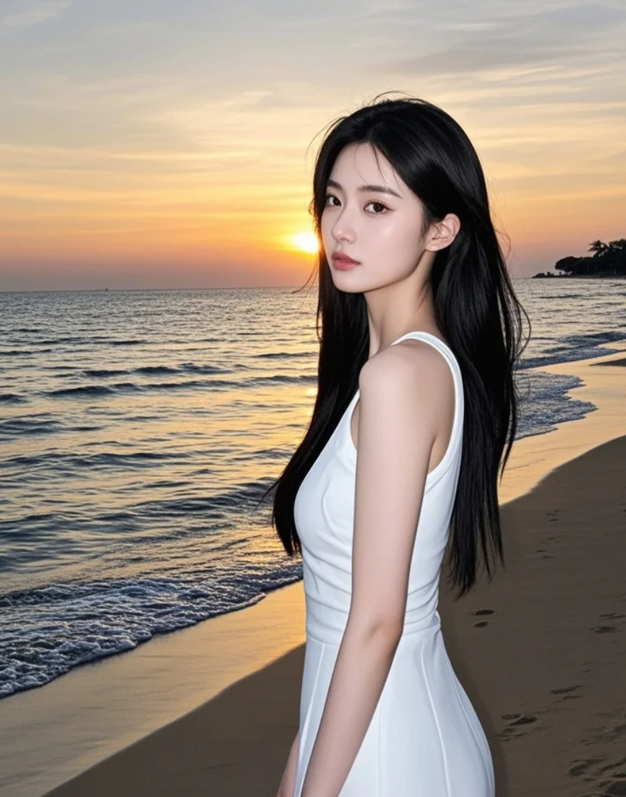 她穿着白裙，在海边与夕阳告别