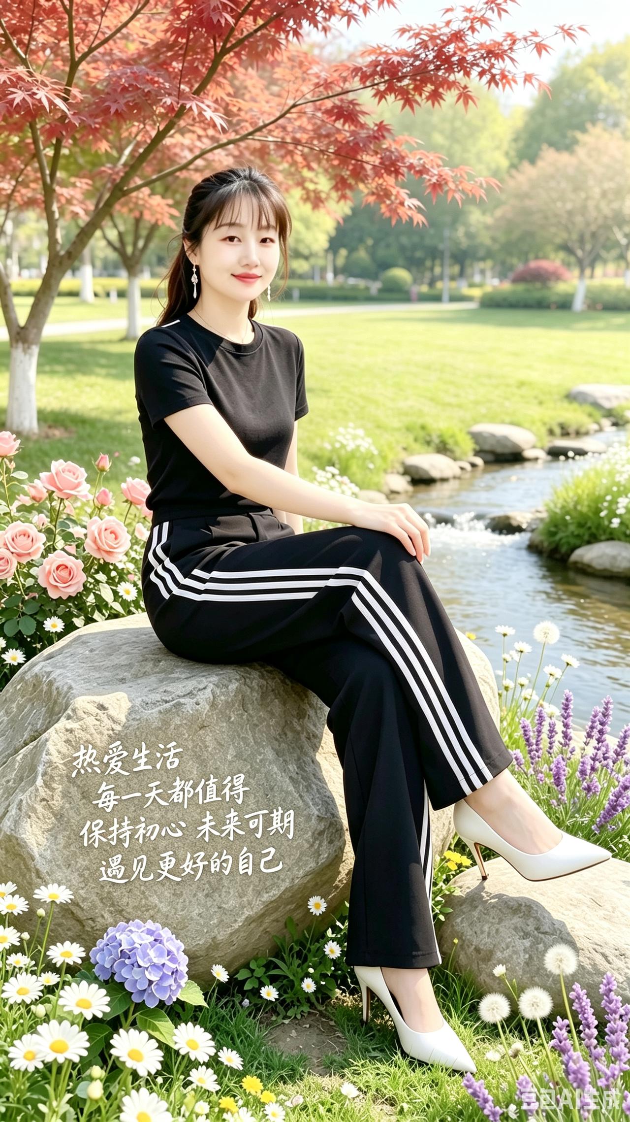 春日园间佳人娇颜温婉发如云，黑衣条纹映柳身。静憩青石赏溪碧，漫依繁花沐朝暾。