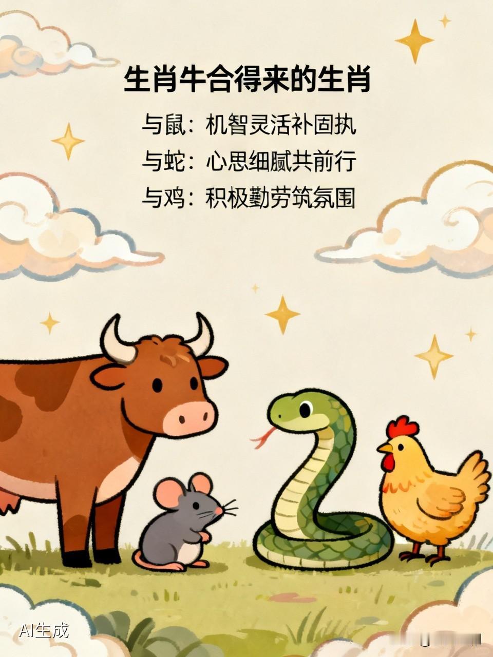 在十二生肖里，生肖牛和不少生肖都合得来。首先是生肖鼠，鼠的机智灵活能弥补牛的固执
