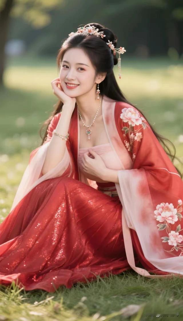 嫣然一笑百媚生汉服雅韵显风情。眉似春山含远黛，眸若秋水映繁星。