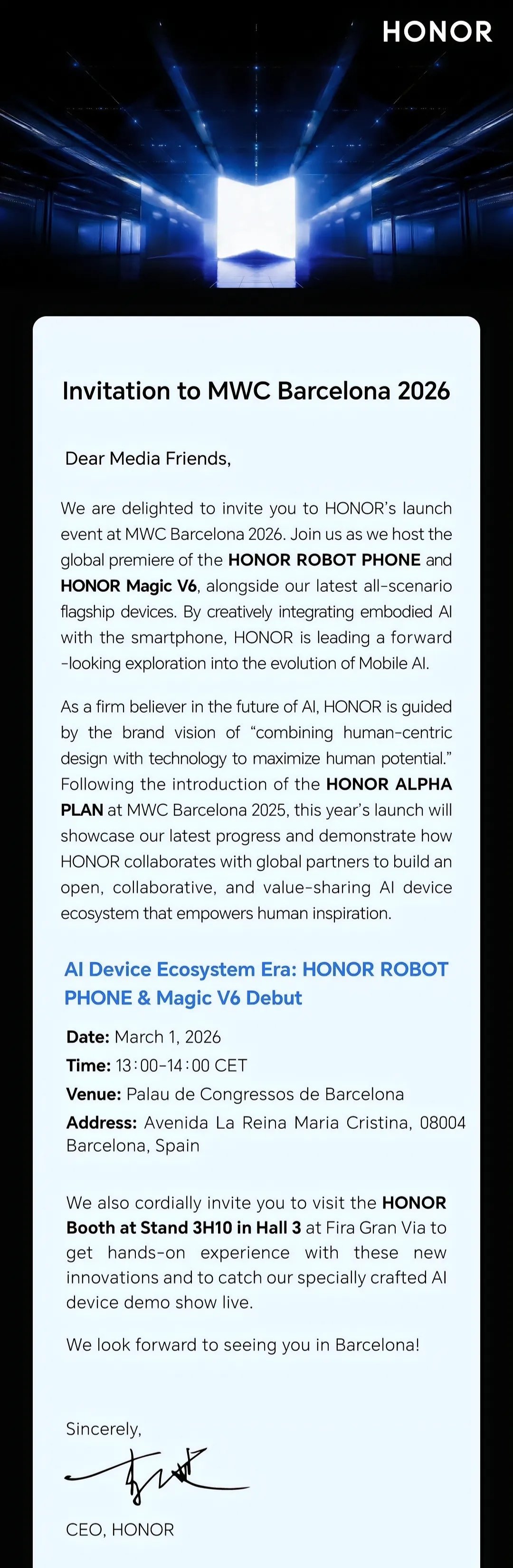 荣耀李健宣布将于3月1日在巴塞罗那MWC2026展会上推出荣耀大折叠屏Magic