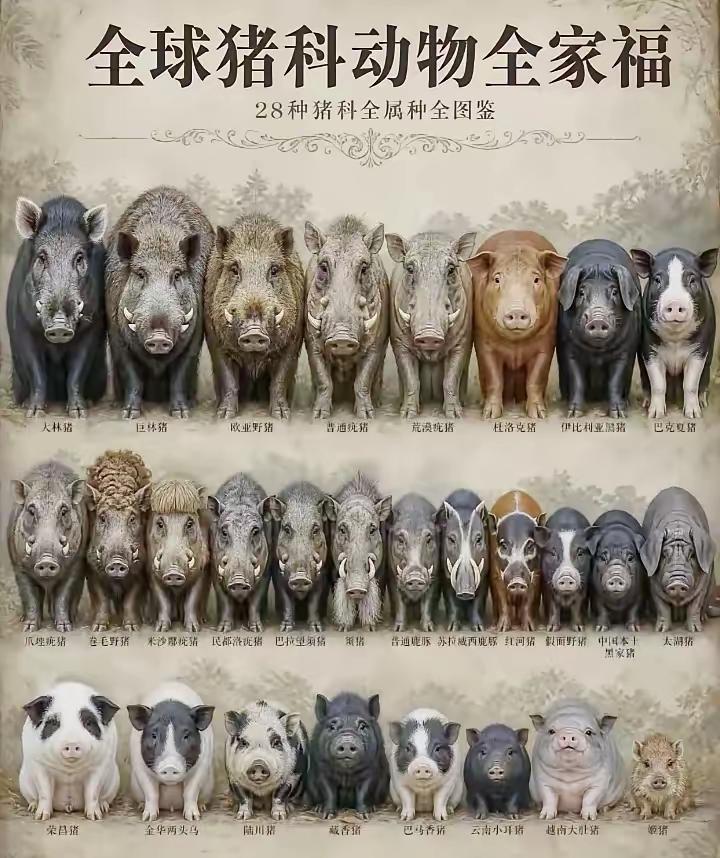 你敢相信，全世界的猪品种竟然有那么多？真的被惊到了。看过去，好像很多是野猪。中