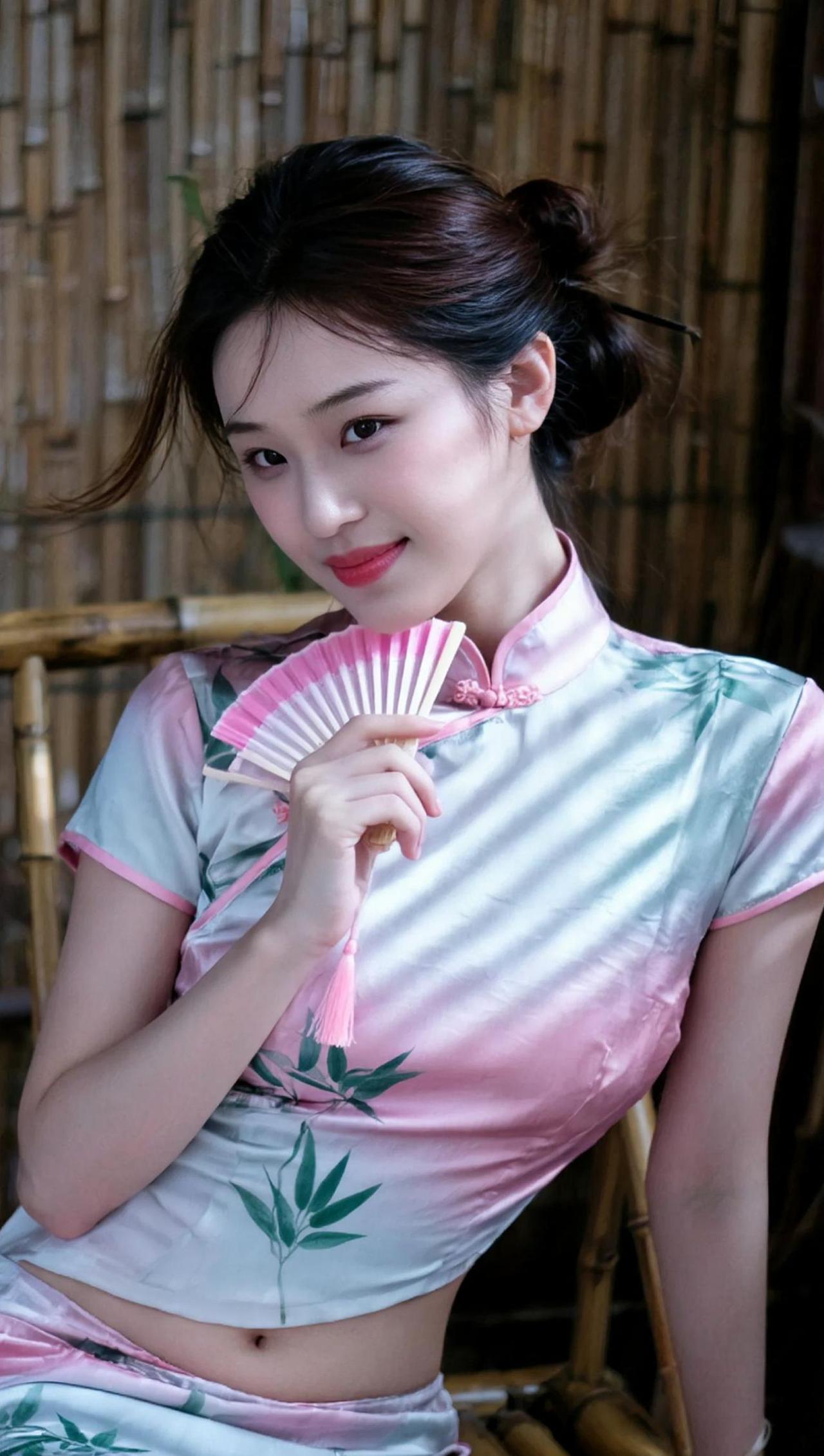 旗袍的柔美线条勾勒出东方的典雅，手中的折扇轻摇，仿佛在诉说一段旧时光的故事。阳光