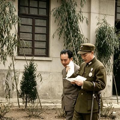 这是戴雨农向上司蒋中正汇报工作。蒋中正一边看材料，一边听戴雨农汇报工作。戴雨农属