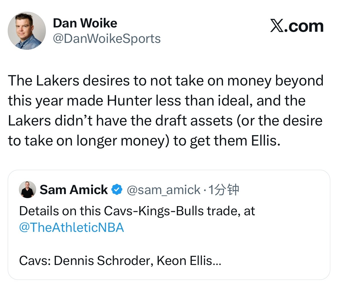 湖人记者DanWoike：湖人队不愿承接本赛季之后的合同，这让亨特成了非理想选