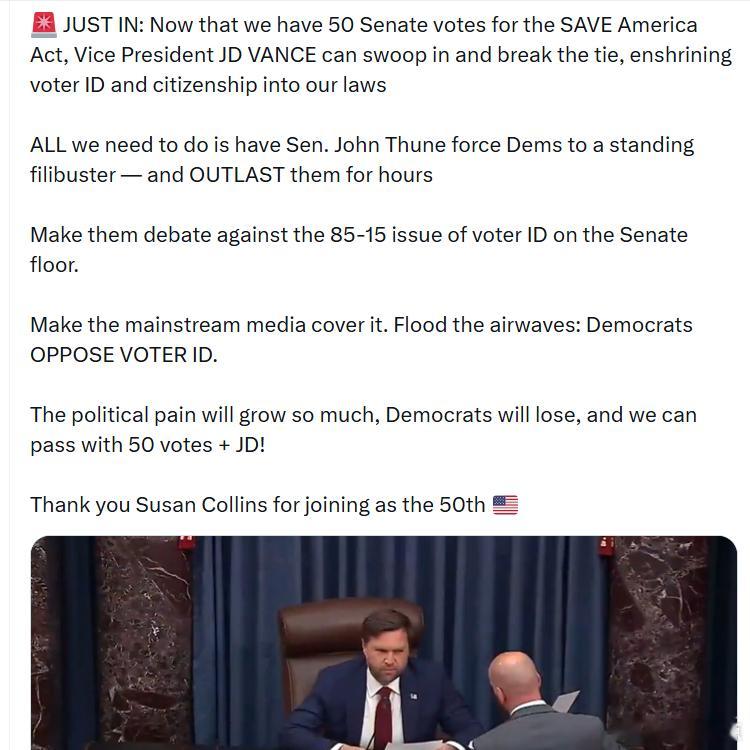 《拯救美国法案》在参议院现在已经有50票支持，副总统JD·万斯可以介入打破平局，