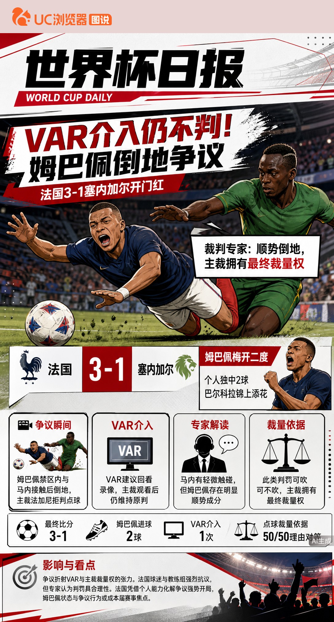 VAR介入仍不判！姆巴佩倒地争议，法国3-1塞内加尔开门红