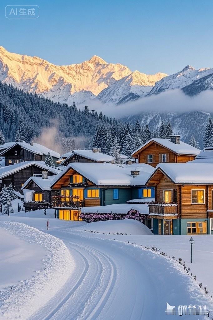 冬日暖阳下，木屋与雪山相映成趣，宛如童话世界。冬日雪景氛围照靓丽雪景雪景随手