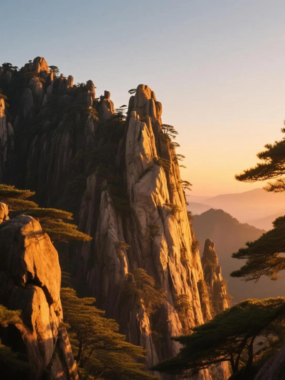  当夕阳洒落黄山，怪石如鎏金雕塑，奇松似披霞仙子，美得动人心魄。黄山奇峰黄山的