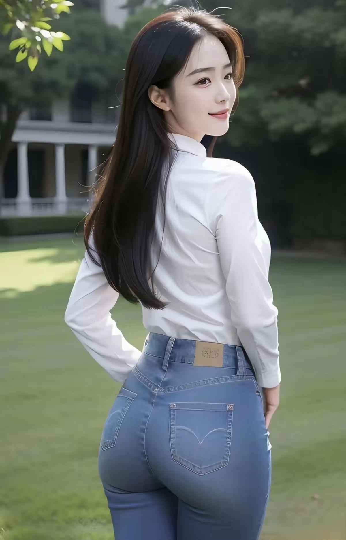 优雅白衬衫，牛仔裤，清新户外，自然光，甜美笑容
