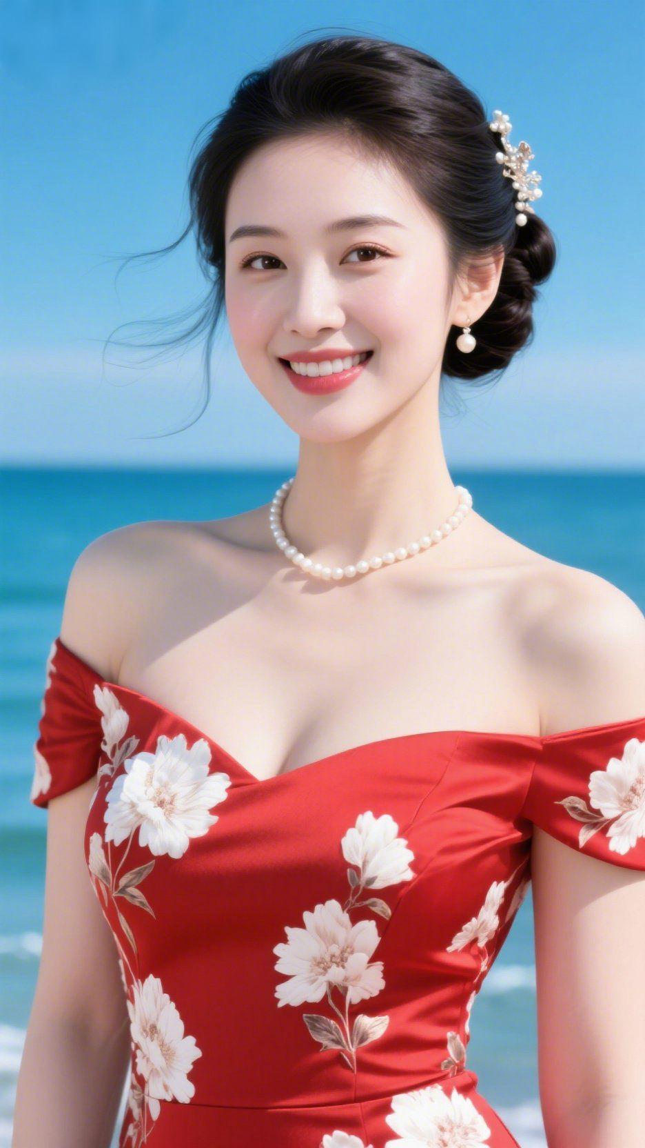 红裙映海的晴日诗海风揉碎了云的软边，她的红裙便成了海岸最明的光。珍珠