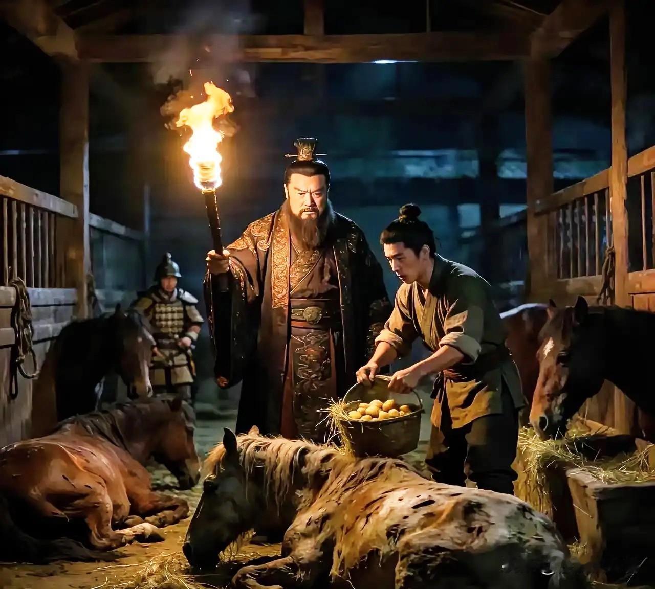 曹操夜巡马厩，撞见马夫把士兵的口粮掺进马草。侍卫拔刀欲杀，曹操却一把拦下，大笑着