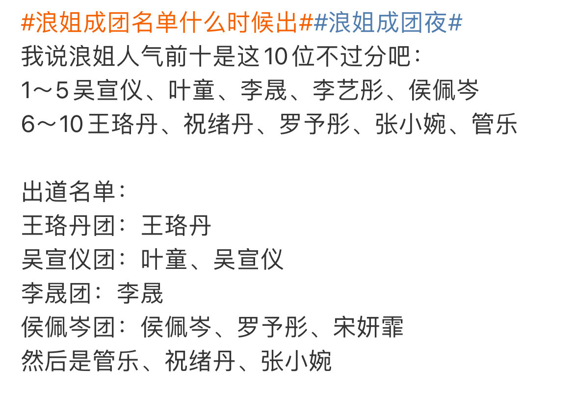 浪姐成团名单这个现场投票的排名不会换票了吧！1⃣️排名是叶童第一、吴宣仪第二，宣
