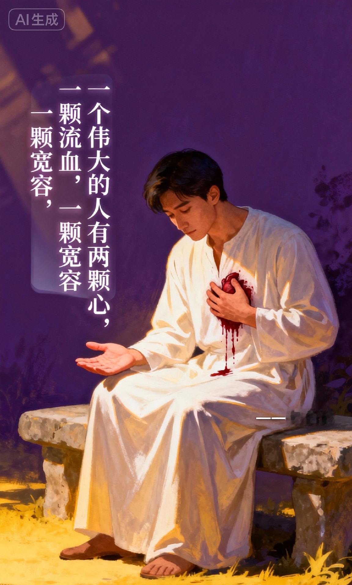 “一个伟大的人有两颗心一颗是流血的心，一颗宽容的心❤️”