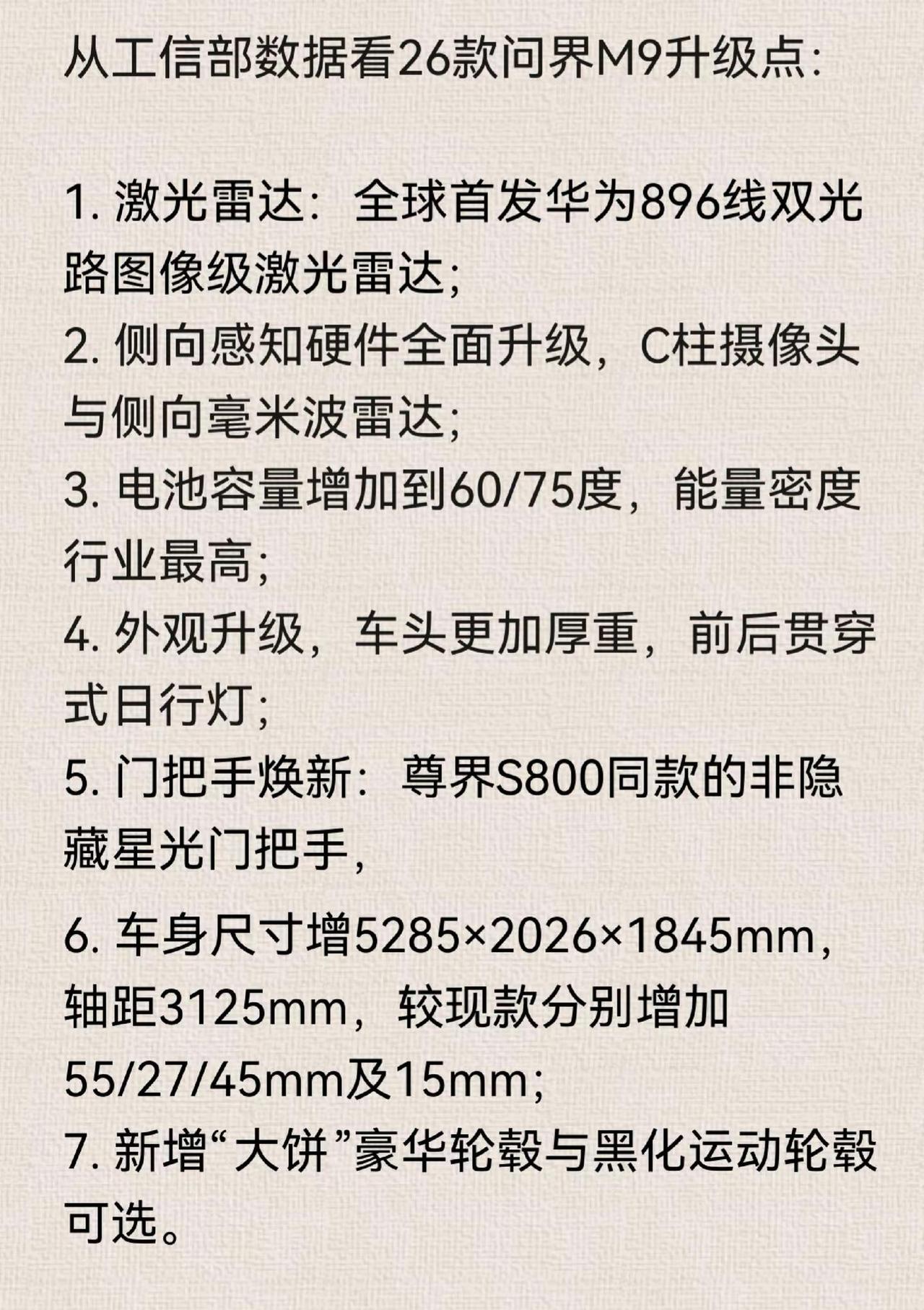 从工信部数据看26款问界M9升级点：1.激光雷达：全球首发华为896线双光路图