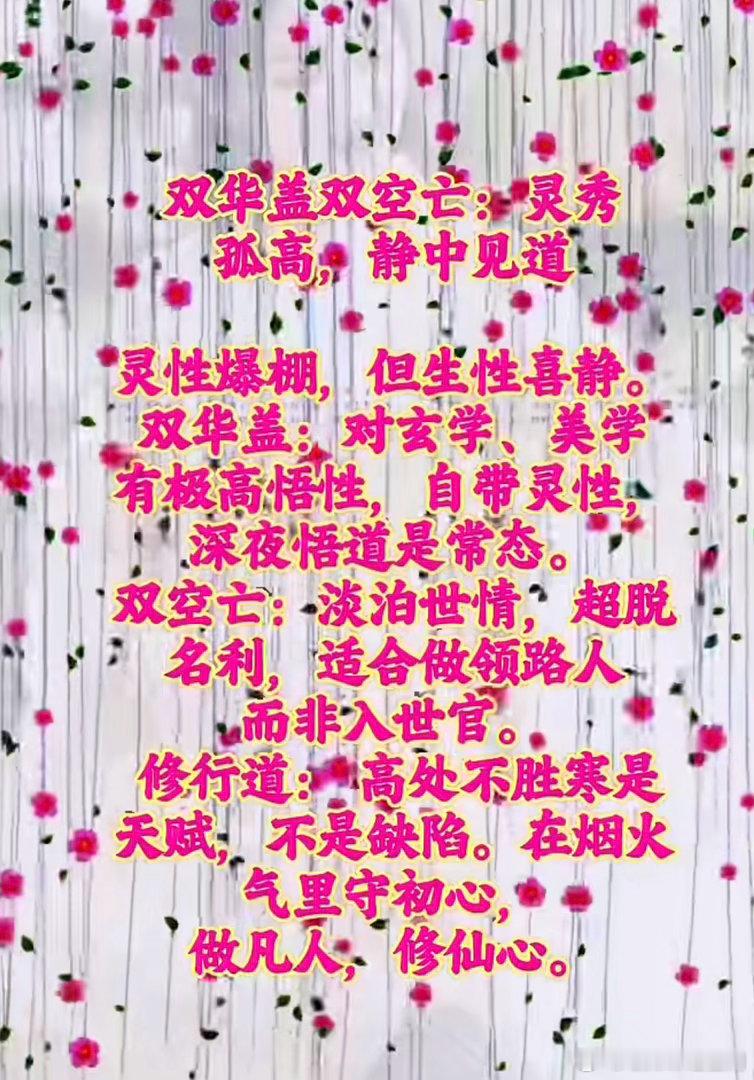 双华盖双空亡；灵秀孤高，静中见道，灵性爆棚，但生性喜静。双华盖：对玄学、美学有极