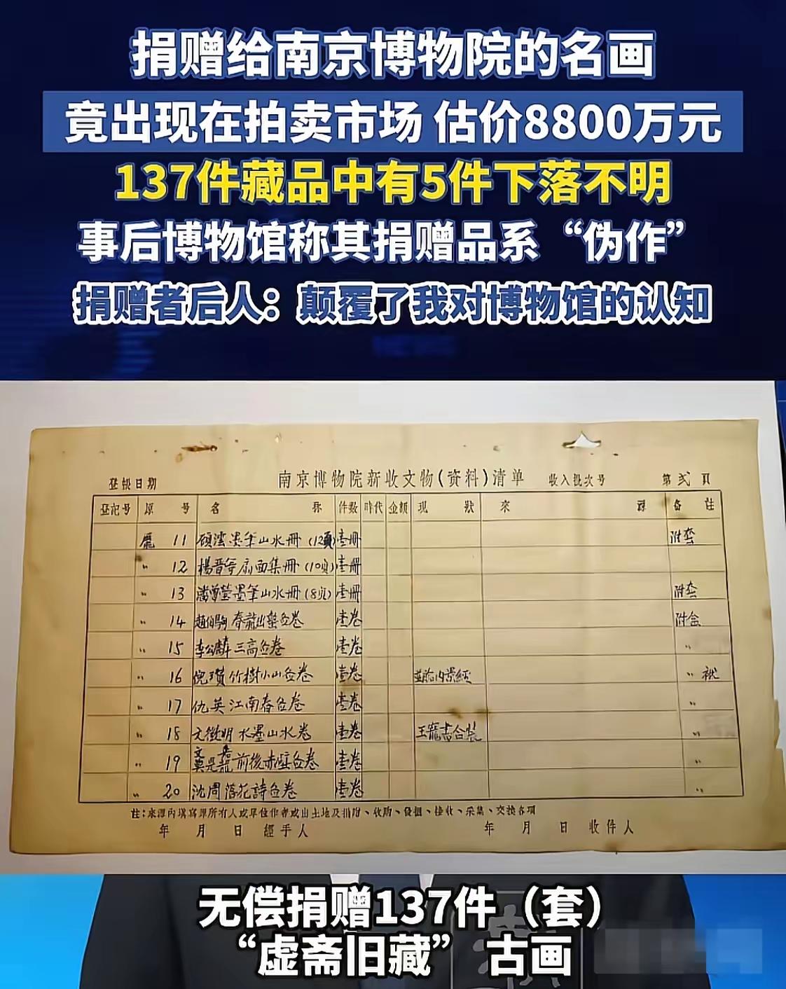 这件事情如果是真的，南京博物院监守自盗啊！庞氏家族捐赠给南京博物馆137幅古画