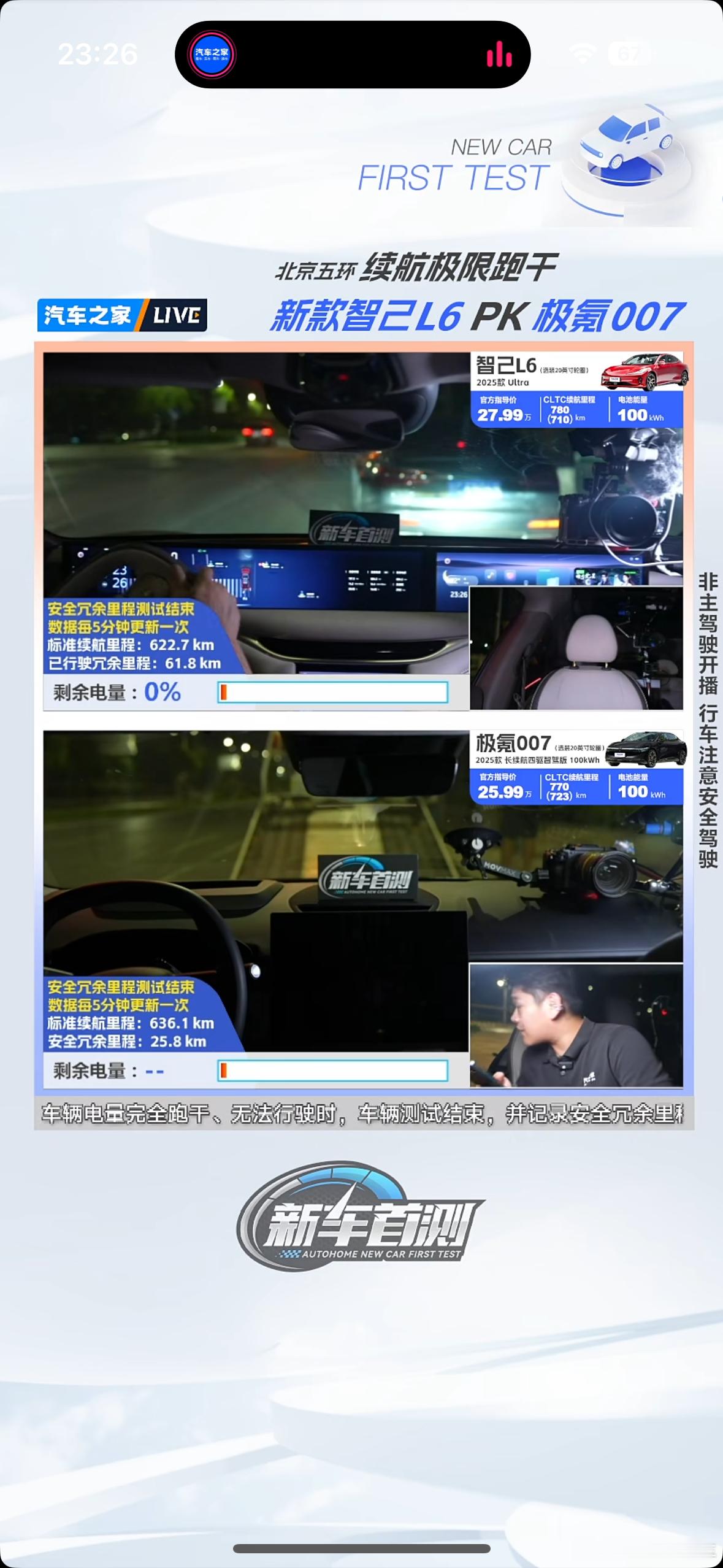 终于趴窝了，跑了684.5公里，智己L6续航达成率96.4%，极氪007跑了66