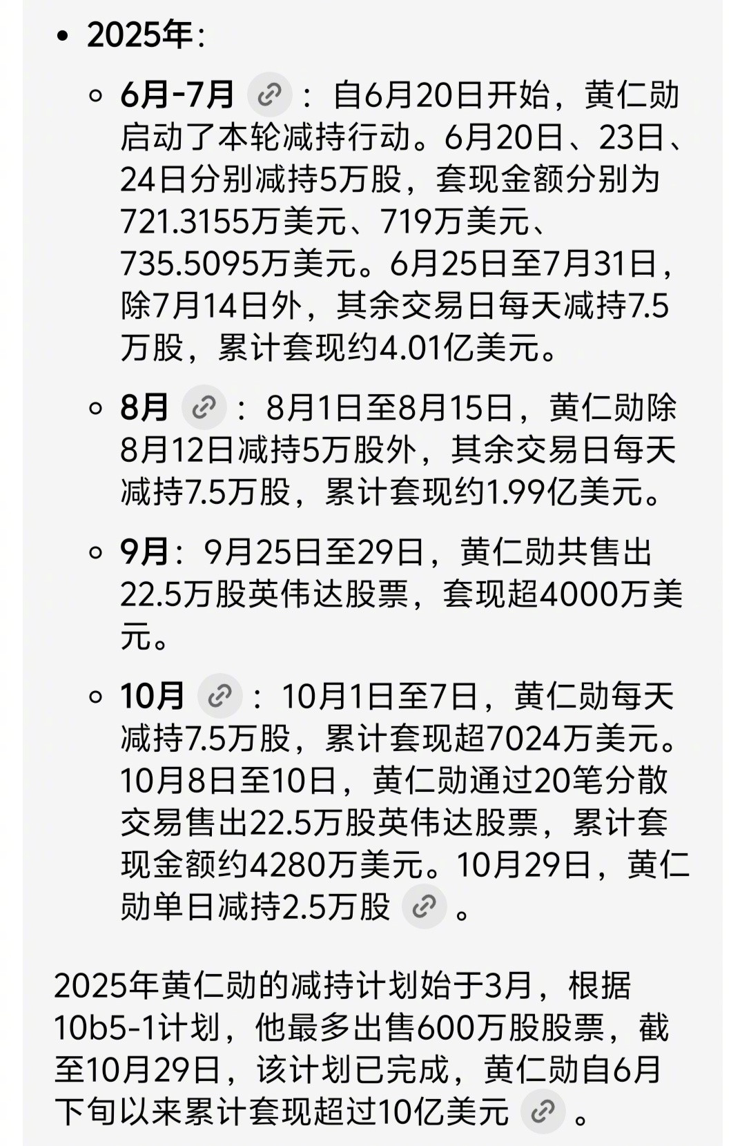 黄仁勋减持英伟达黄仁勋至6月以来，累计套现超过10亿美金了。​​​