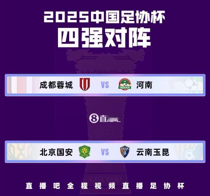 足协杯半决赛对阵出炉：北京国安vs云南玉昆，成都蓉城vs河南。