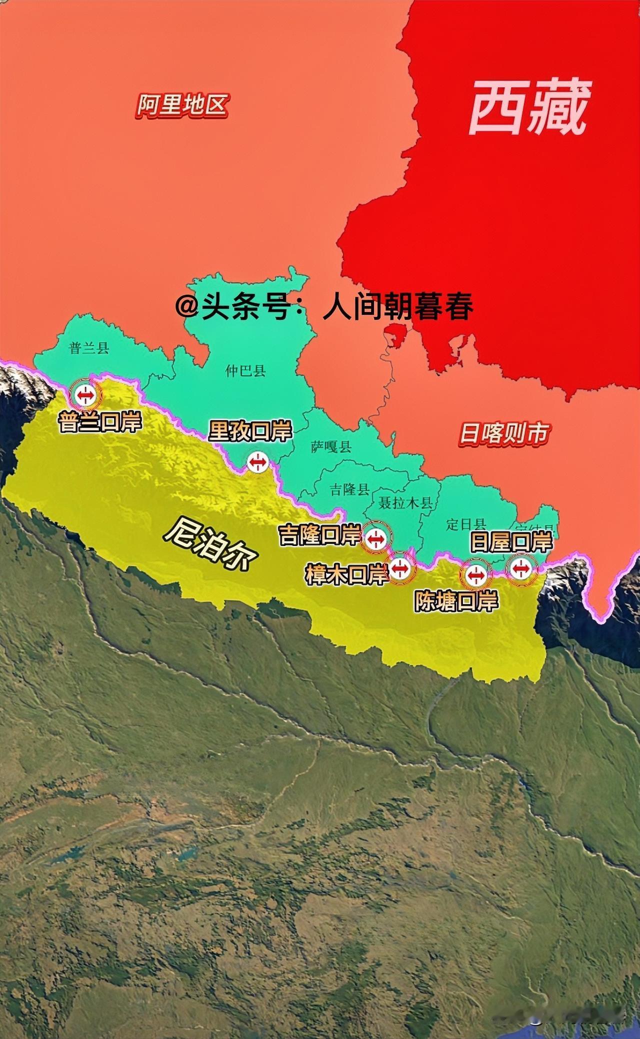 从地图上可以看到，我国在与尼泊尔交界的边境地带共建立了6个大型口岸，它们分别是普