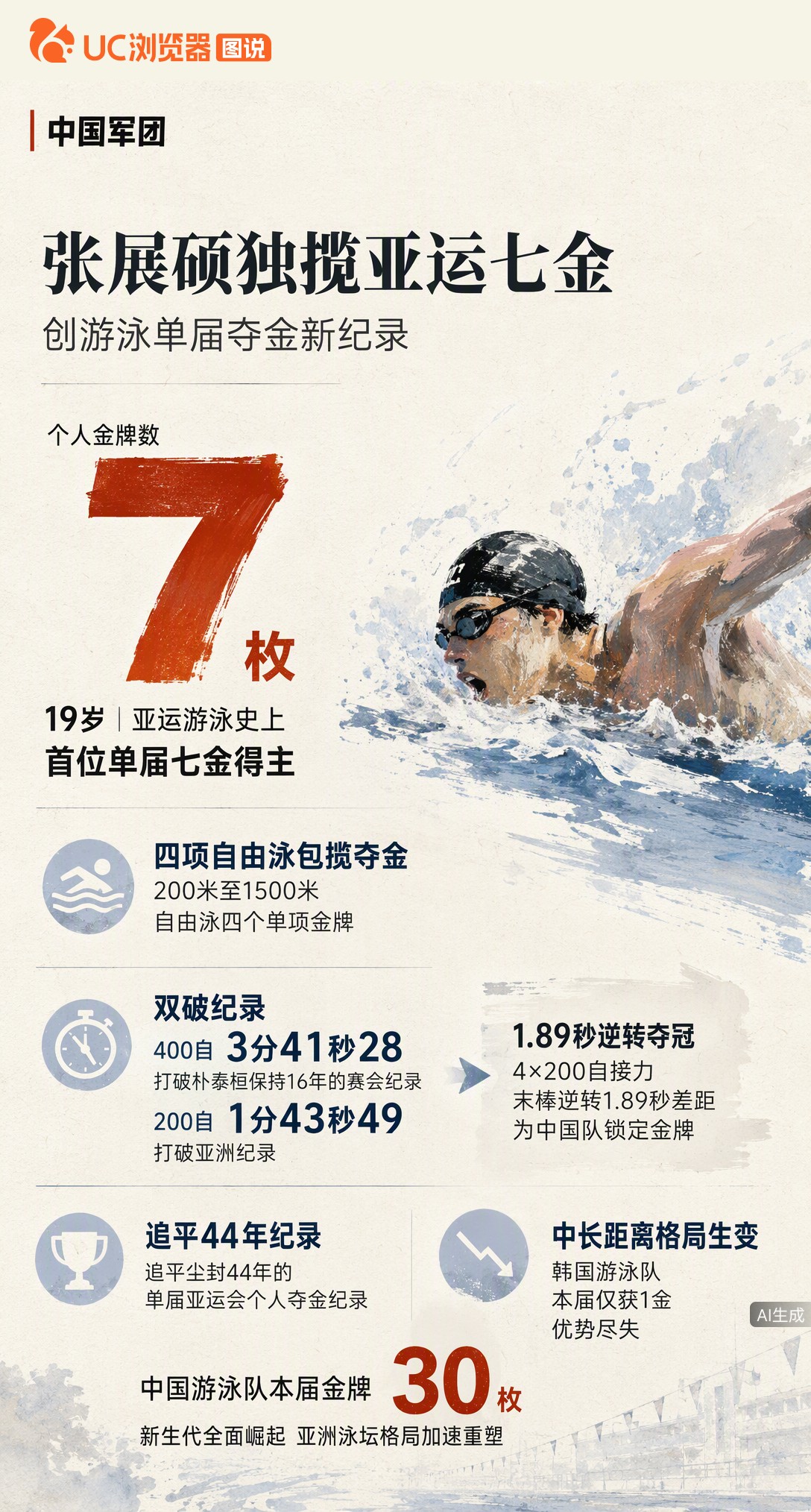 19岁张展硕独揽7金，创亚运游泳单届夺金新纪录！包揽200至1500自四枚单项金牌，还打破400自社