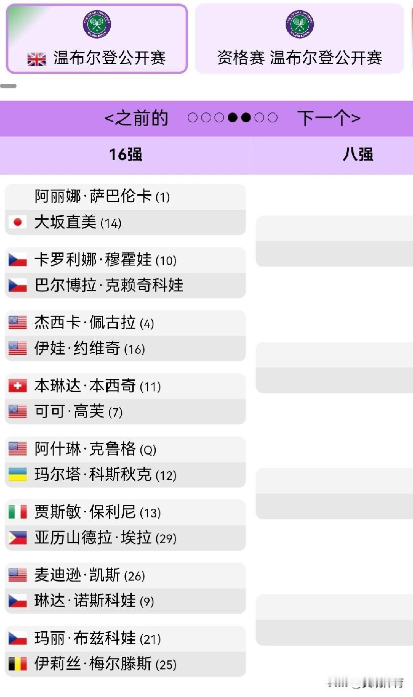 温网女单1/8决赛对阵图上半区：阿丽娜·萨巴伦卡(1)大坂直美(14