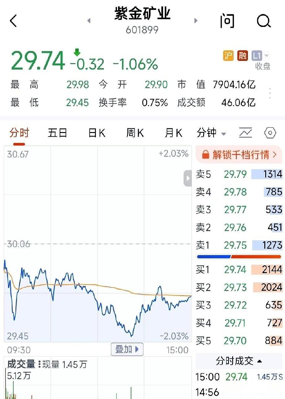 29块7毛4。看着紫金矿业今天这个价，我心里就俩字：刺眼。然后就是猛拍大腿，