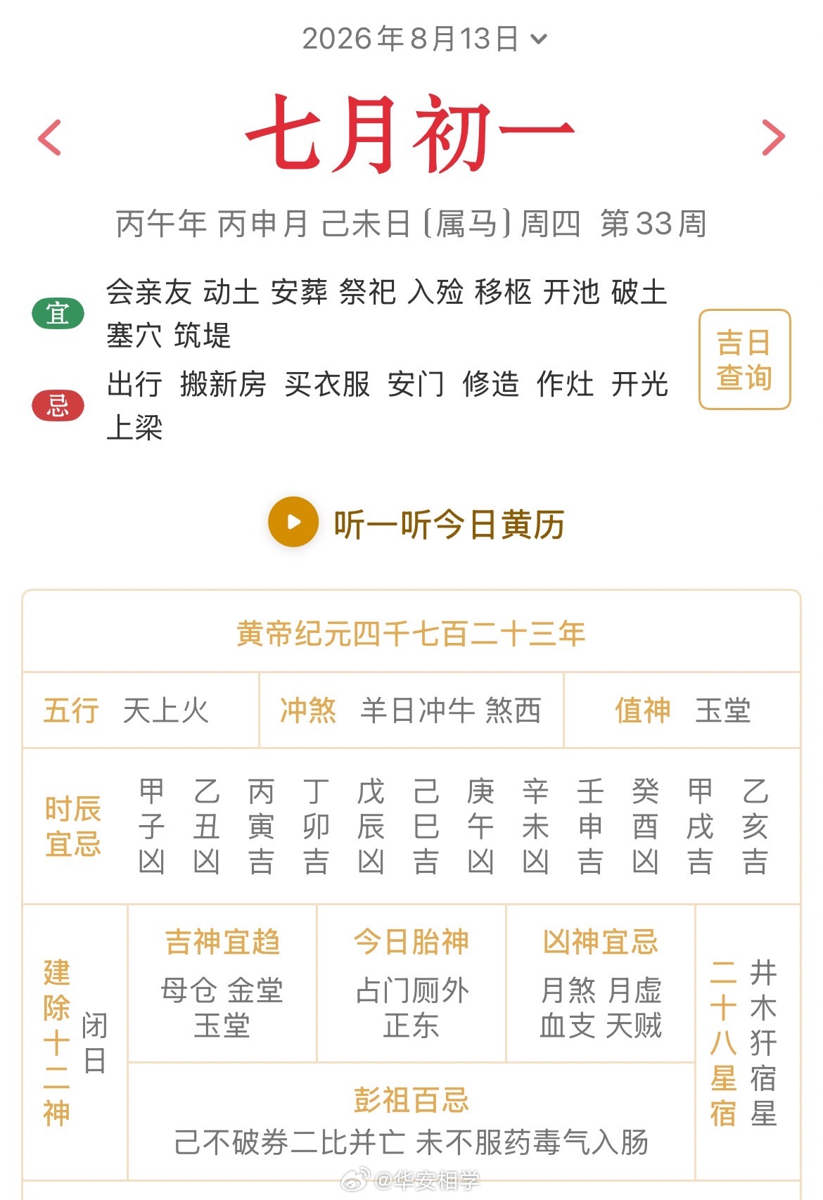 十二生肖每日简运仅供参考2026.8.13丙午年丙申月己未日己未天克地冲癸丑：