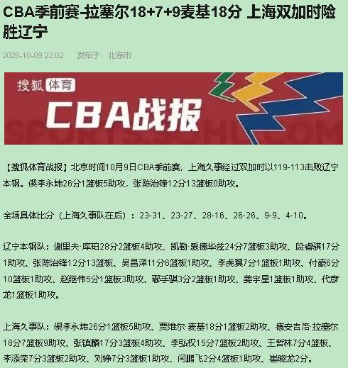 上海119比113双加时拿下辽宁？赢得硬气。但辽宁这锅，体能只背一半——另一半在