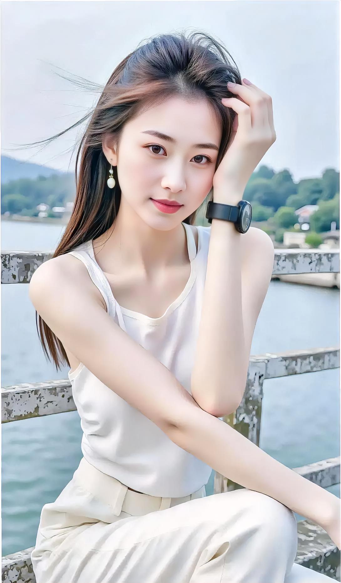 微风轻拂发梢，白衣素雅清新。珍珠耳坠微摇，笑意盈盈动人。手扶秀发