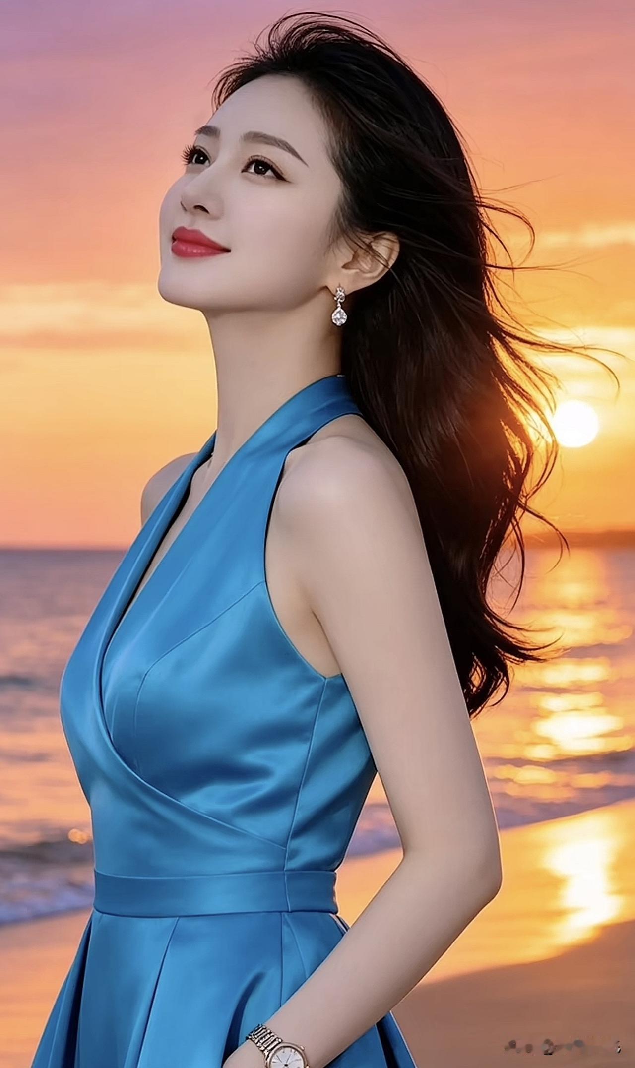 碧海潮生处，美人倚晚霞。潮起潮落美景夕阳下横江泛舟海滨美人照海滨美人照暮