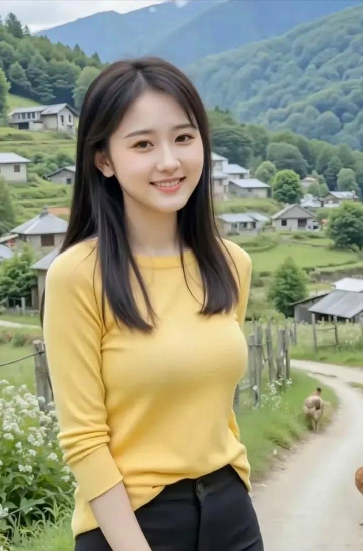 山村里的小路旁，我穿着黄色毛衣和黑色裤子，笑容灿烂，仿佛整个春天都装进了心里。