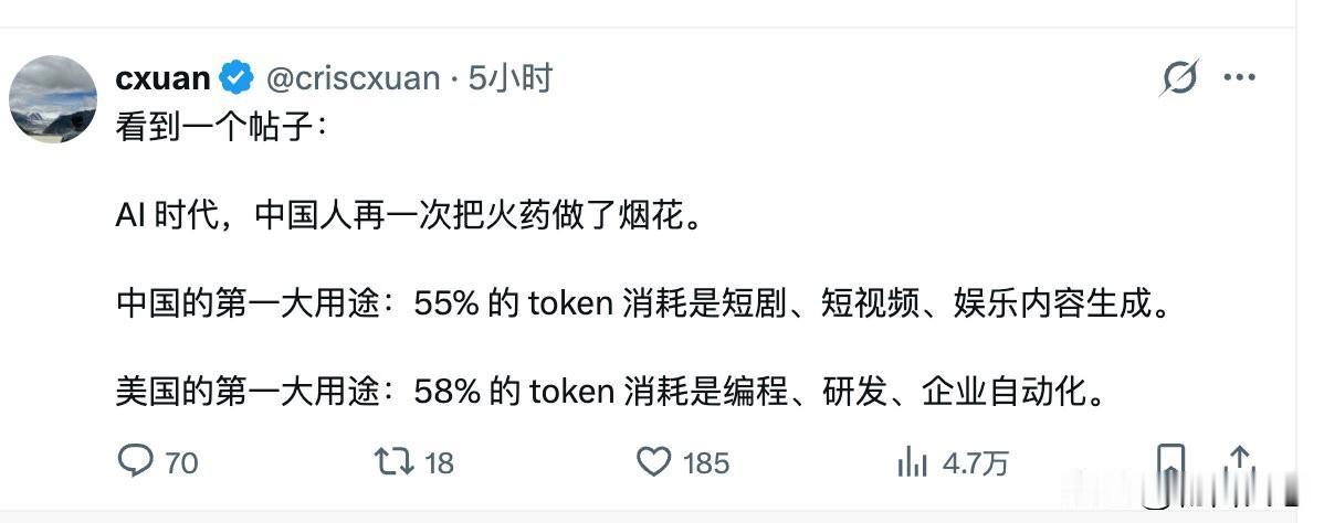 有人对比了中美AI大模型token的消耗去向。根据他提供的数据显示，中国约55%