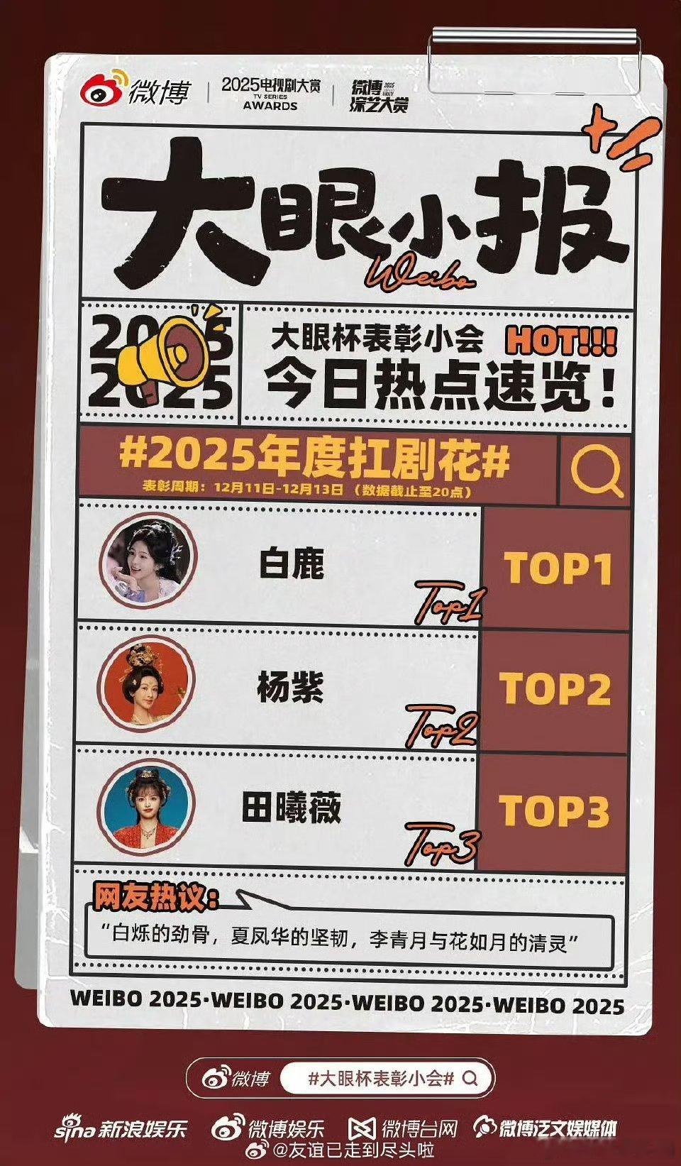 新浪电视剧认证的2025三大扛剧花：白鹿、杨紫、田曦薇都认可