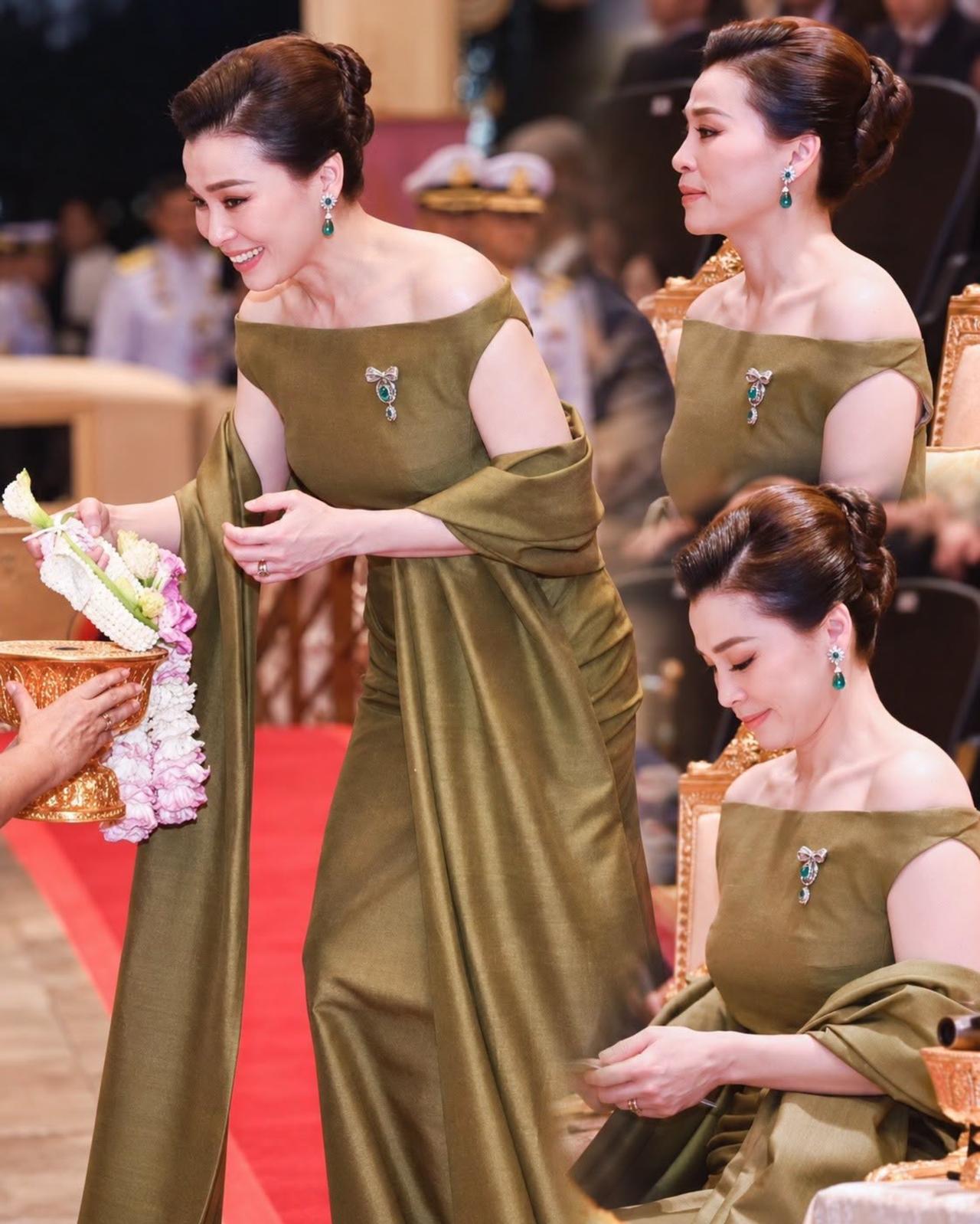 苏提达晚宴造型绝美，天鹅颈又仙又美泰国王后苏提达穿过一件特别的晚礼服，表面看着
