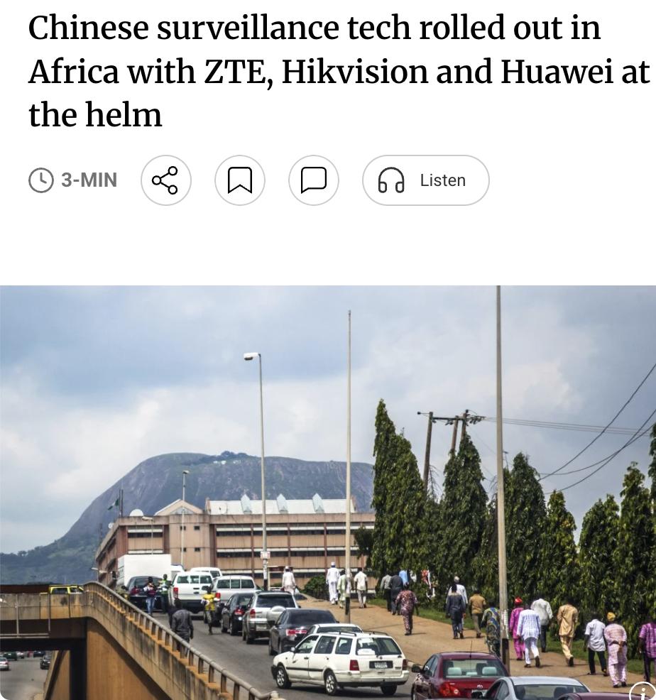 外媒：英国发展研究所3月发布的报告显示，中国中兴、海康威视和华为等企业正主导非洲