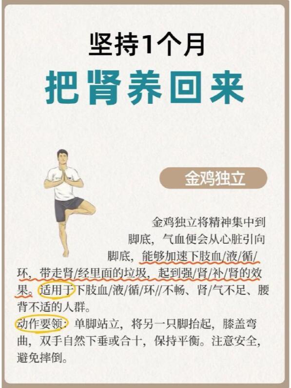 坚持1个月，把肾养回来！1.金鸡独立金鸡独立将精神集中到脚底，气血便会从心脏引向
