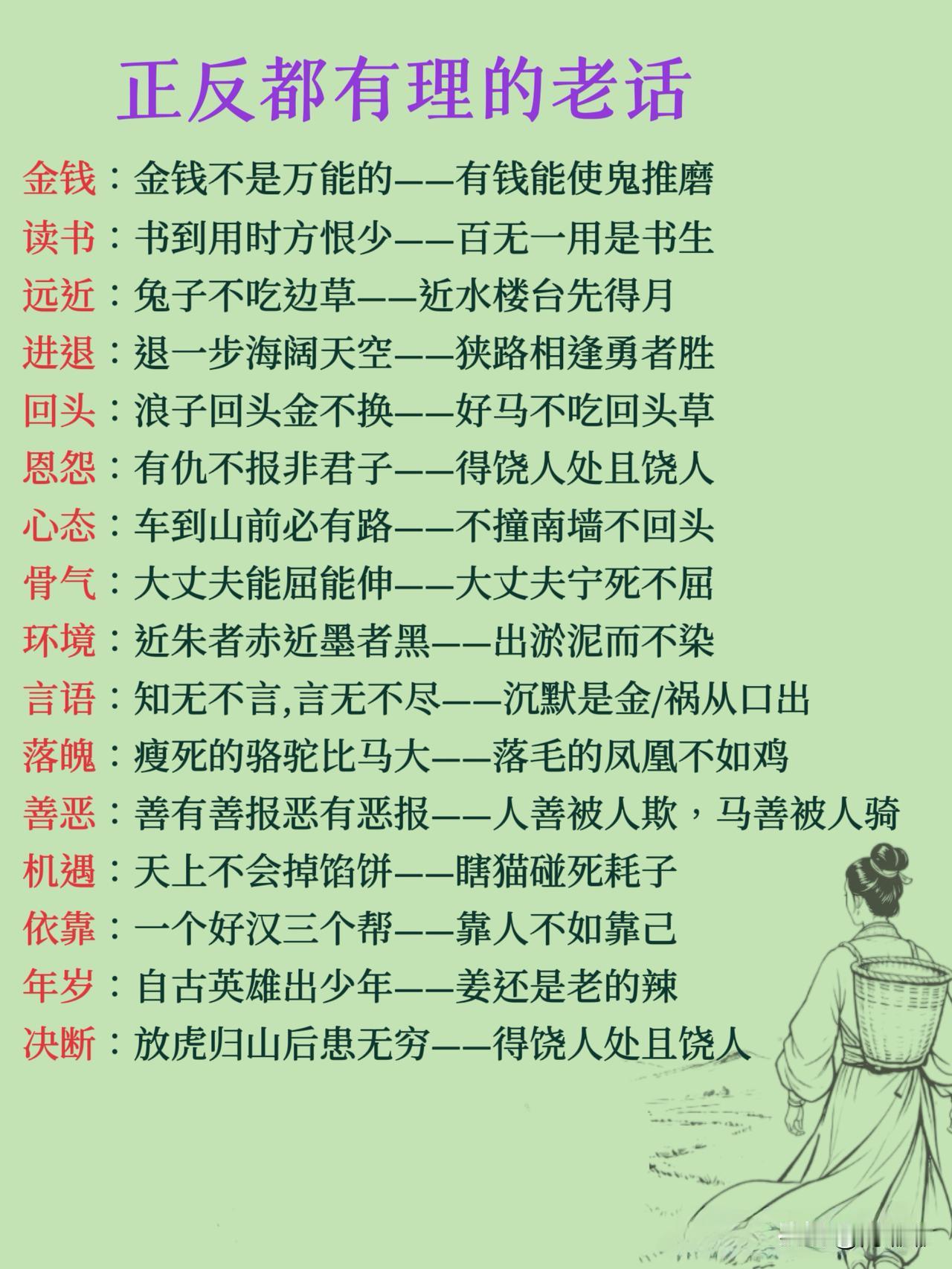 正反都有理的老话。[祈祷]我们平常讲“话不能说满，理不能占全”。世上的事没那么绝