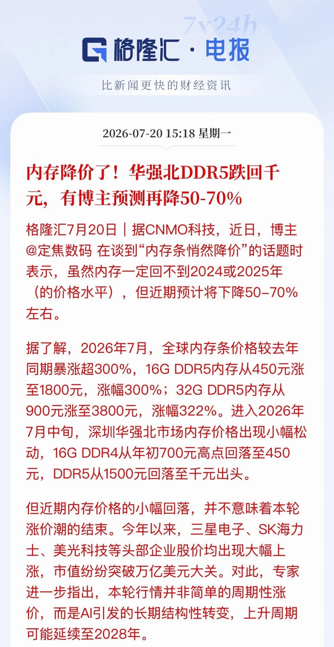 刚跌回千元就喊“崩盘再降70%”？想多了！华强北DDR5那刚有点松动，就把不少人