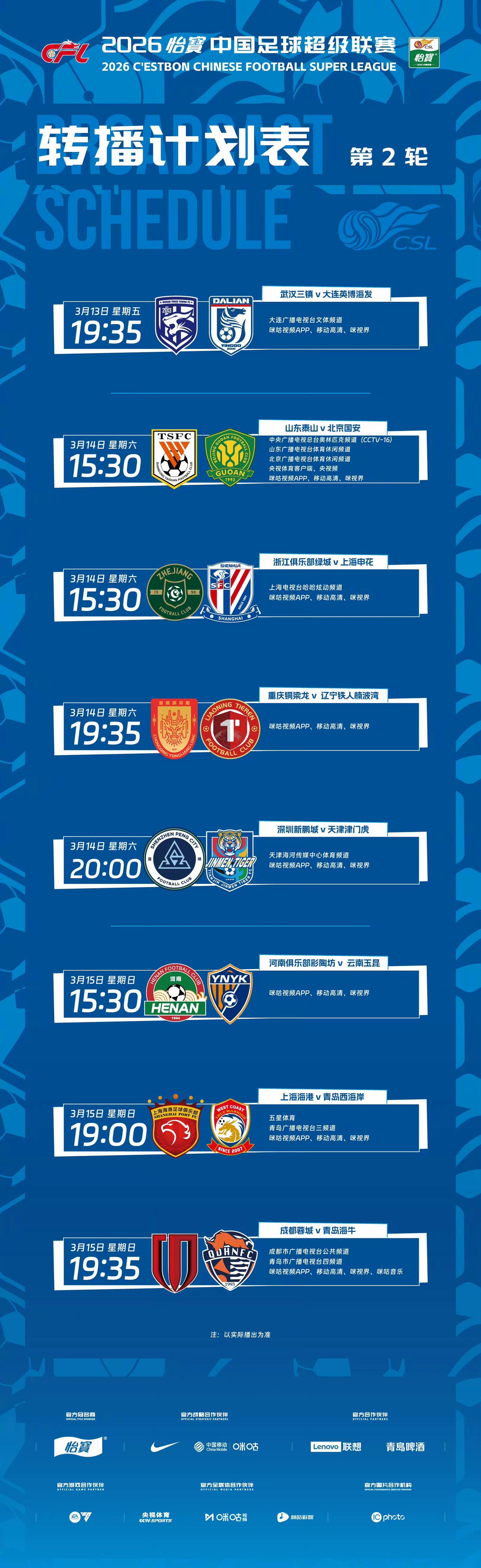 中超第二轮对决，很多球队实力相当，我们来一个神预测（个人观点）：武汉三镇VS