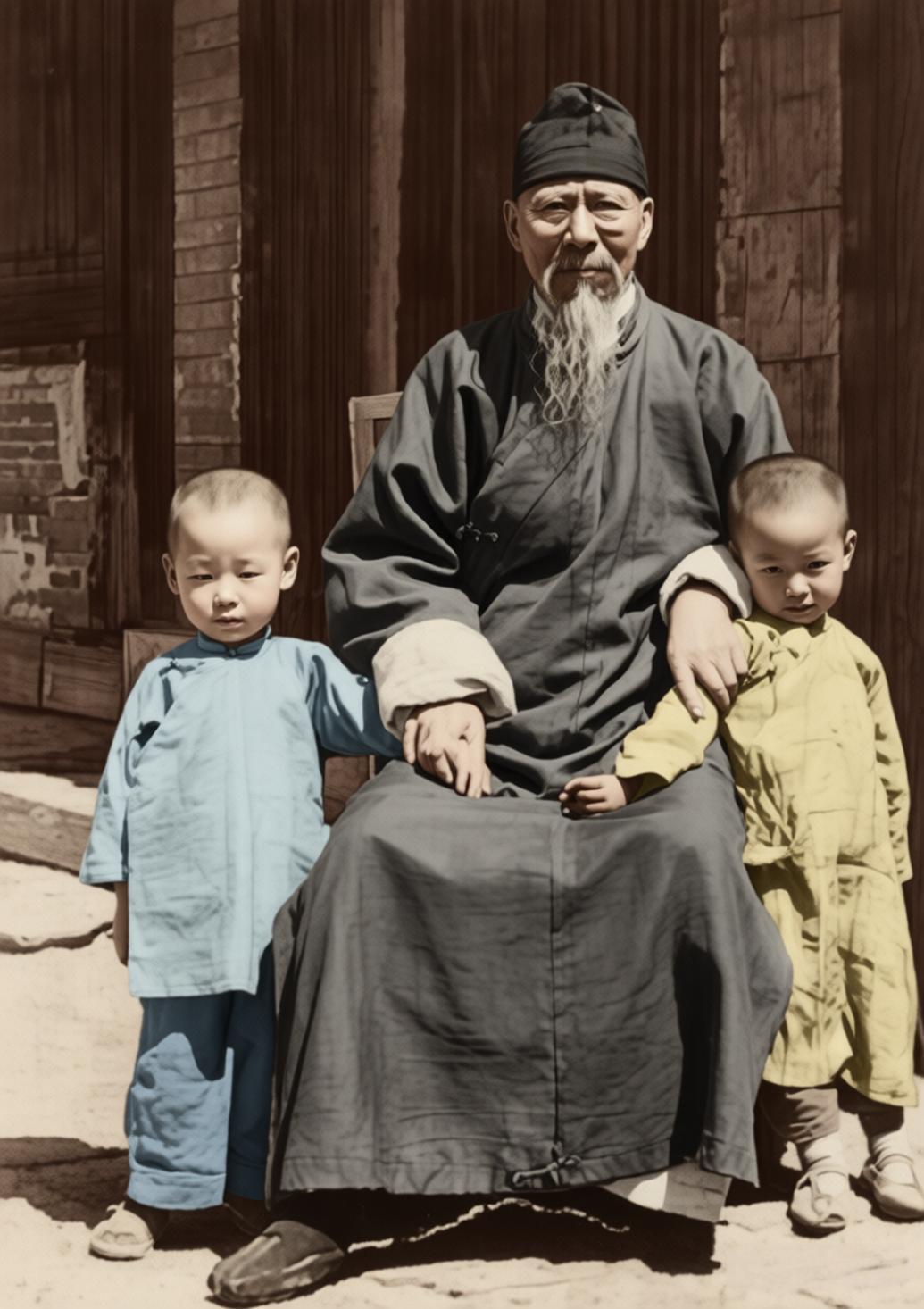 这张照片定格于1941年夏天，是国画大师齐白石与两位儿孙的温馨合影。齐白石端坐