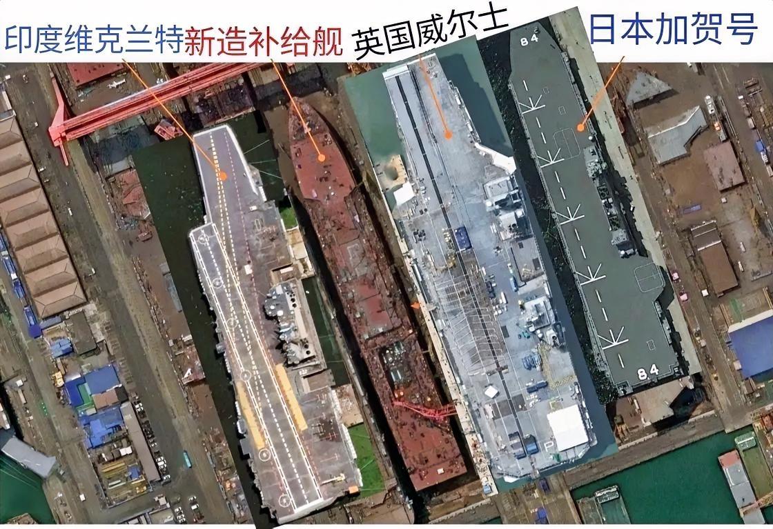 图片是中国广州黄埔文冲龙穴造船厂新建造的补给舰与其他国家的航母进行的一个同比例对