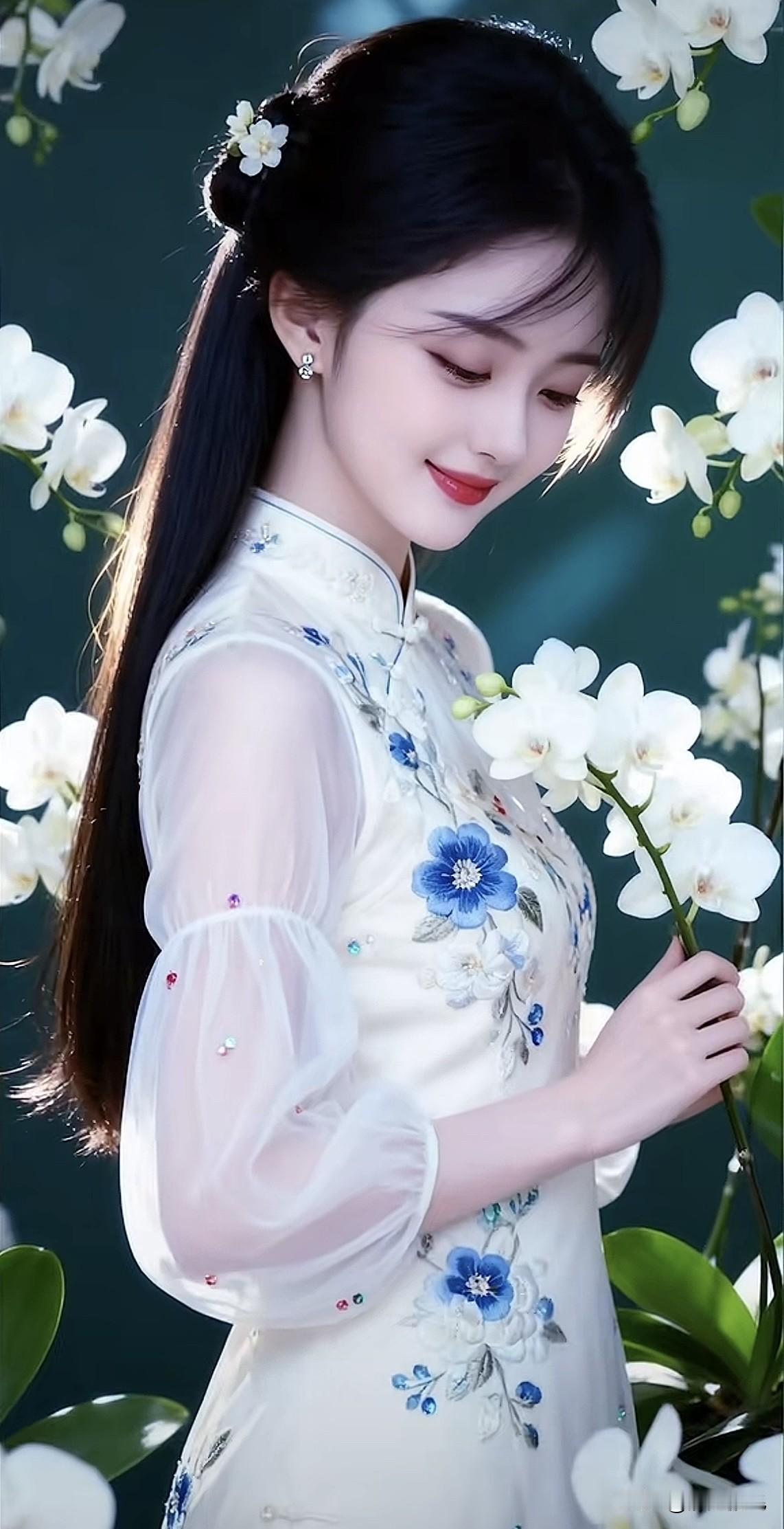 温婉优雅的旗袍美人，与洁白兰花相映成趣，宛如画中仙子。美女旗袍照旗袍烟雨景山