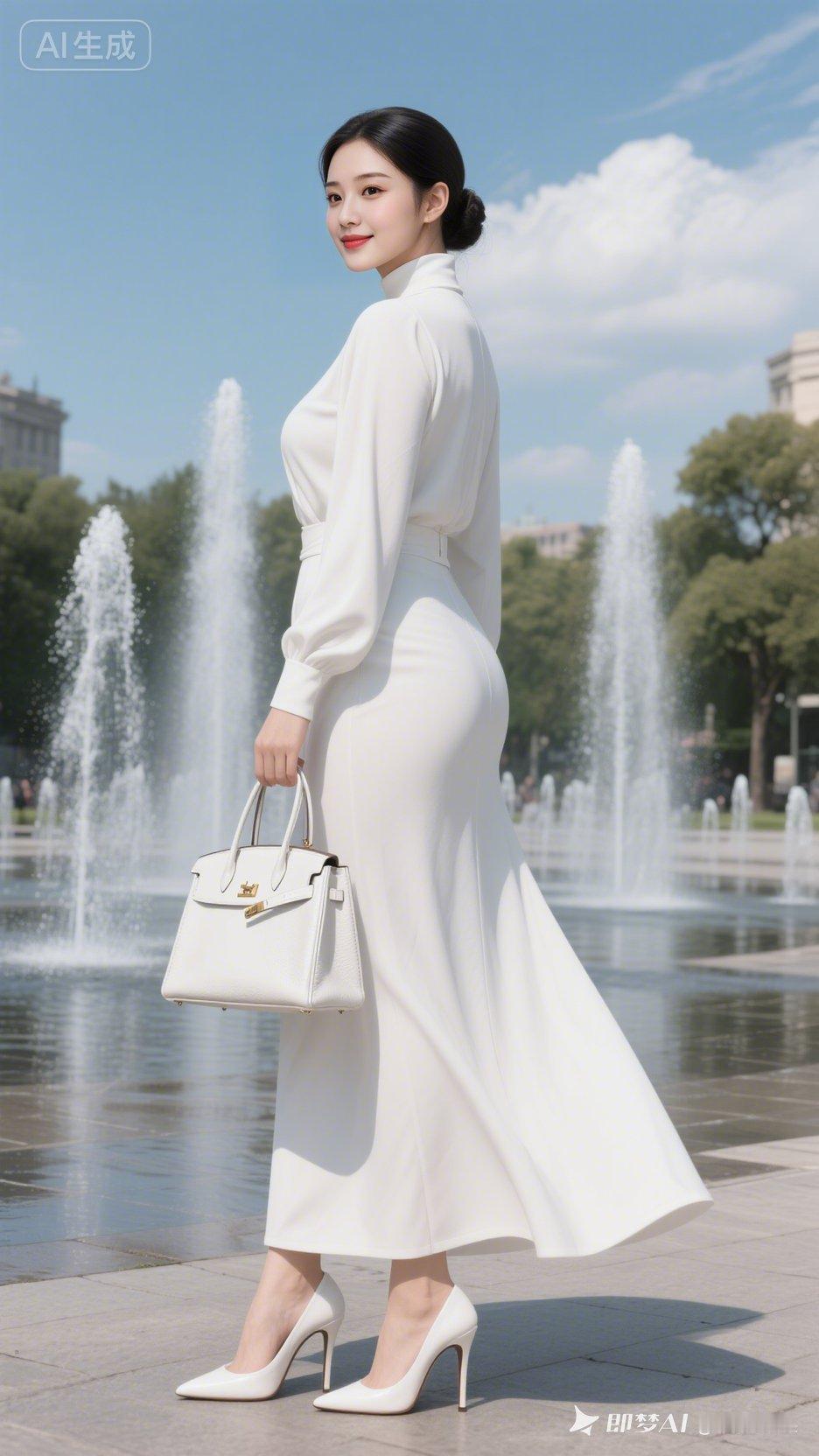 优雅白裙，漫步喷泉旁，尽显都市女性魅力！