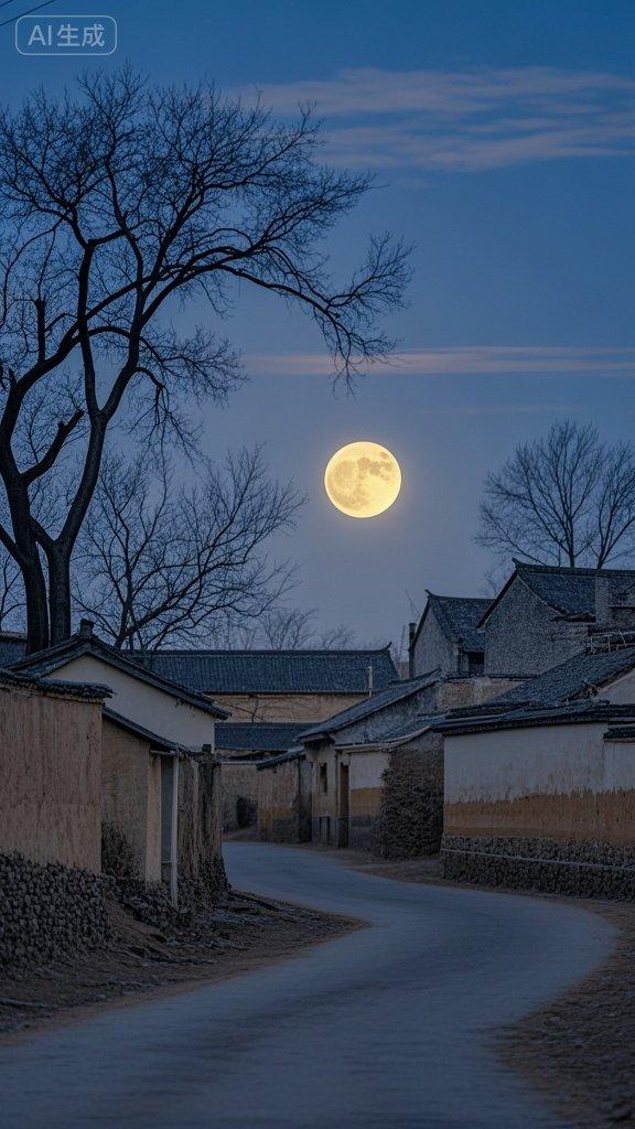 月下故村小寒的夜，月亮把乡村的路铺成了银带。老树枝桠疏疏落落，像蘸了