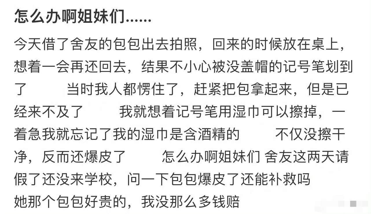 偷偷借舍友的包包，结果不小心画到了怎么办？[哭哭]​​​